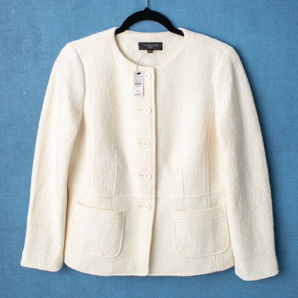 Talbots Petites 6P Ivory Wool Blend Boucle Jacket Blazer NEW